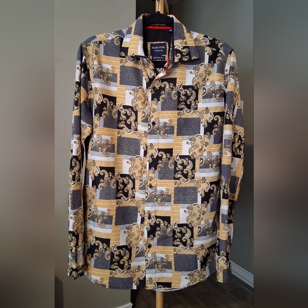 Men's Silver Stone Black, Yellow, and White Casual Button-Down Shirt